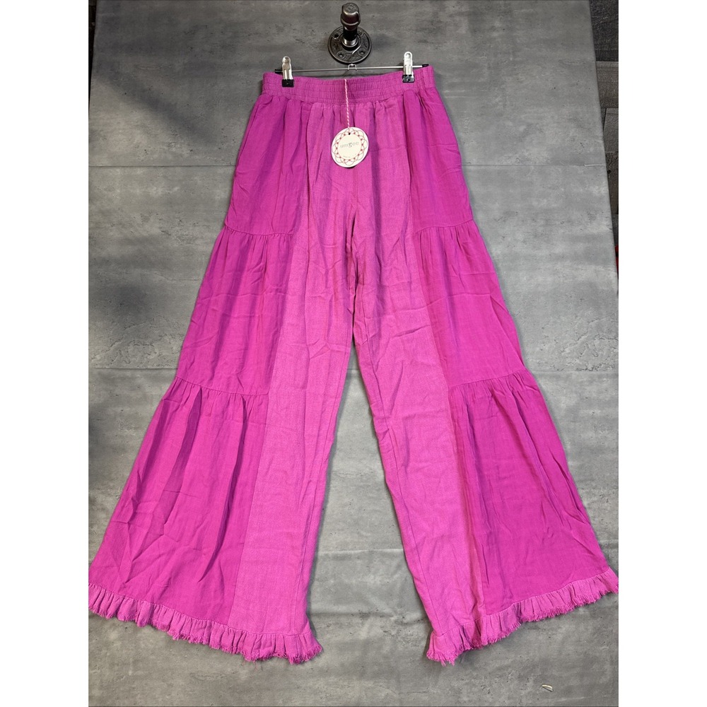 NWT Umgee hot pink tiered wide-leg palazzo pants Elastic Waist Freyed Hem Small